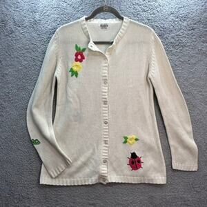 Vintage Rosanna‎ Women's White Knit Cardigan Embroidered Flower Ladybug Unique